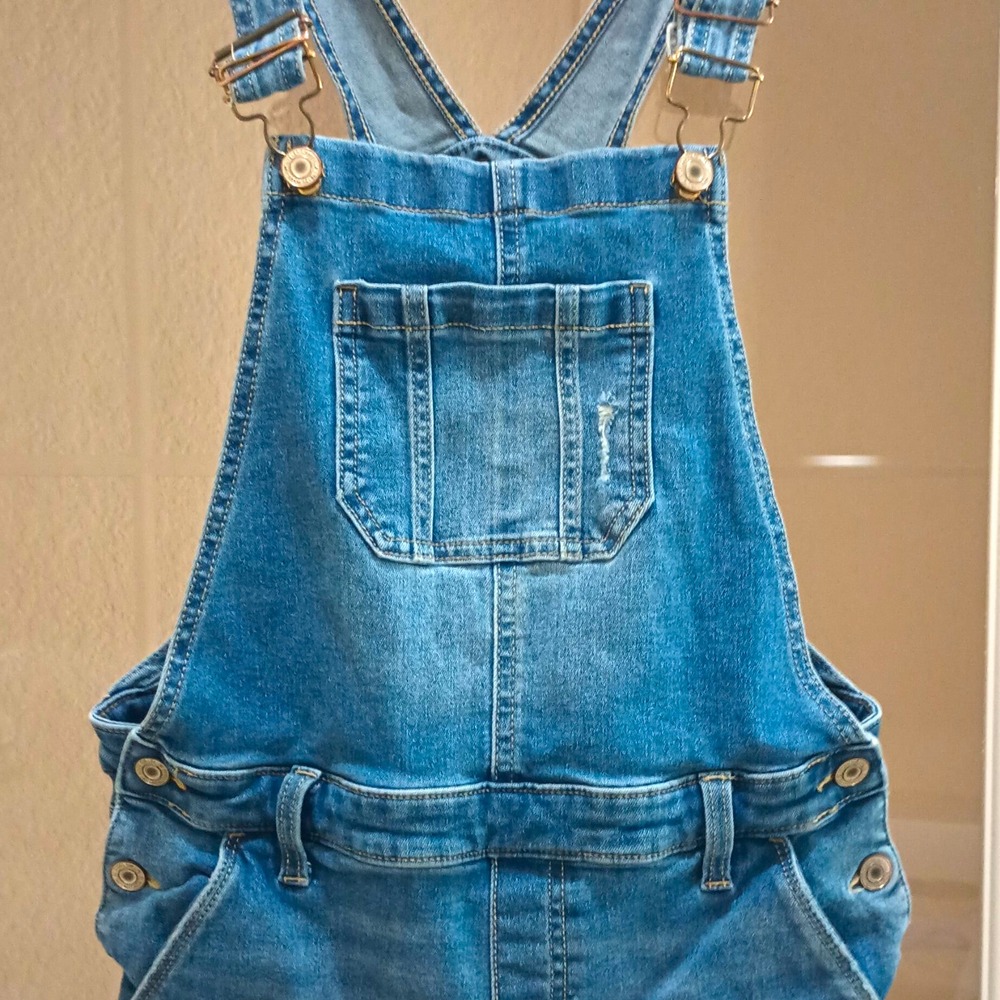 Blue Cotton Denim Overall Jumpsuit One-Piece Sleeveless Buckle Pockets 16